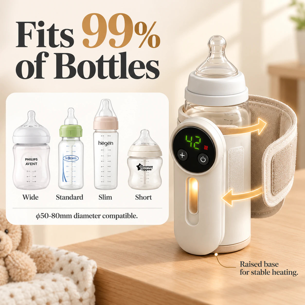 Wide, standard, slim and short bottle shapes beside the warmer sleeve.