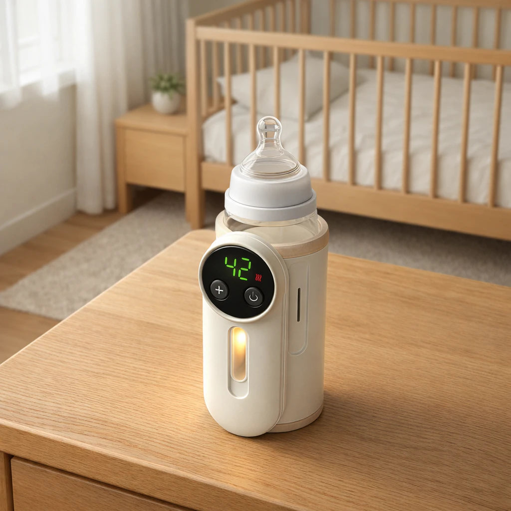 The warmer on a bedside chest with its display lit, ready for a night feed.