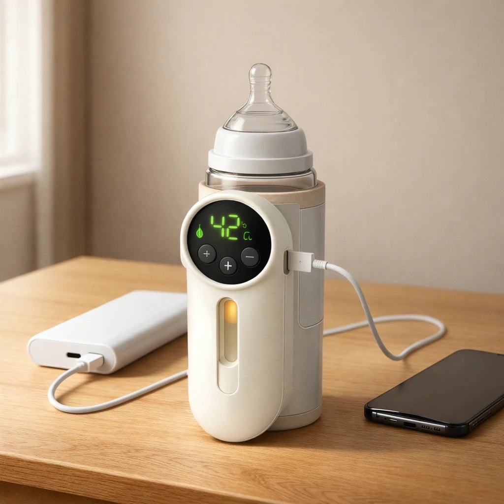 The warmer on a light wooden table, charging over USB-C.